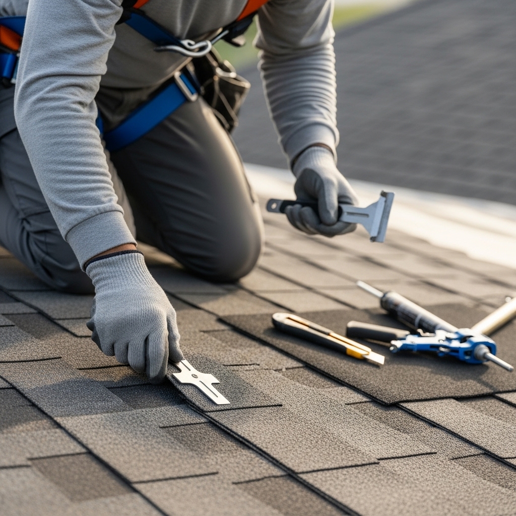 Roof workers checking potential early signs on a roof surface